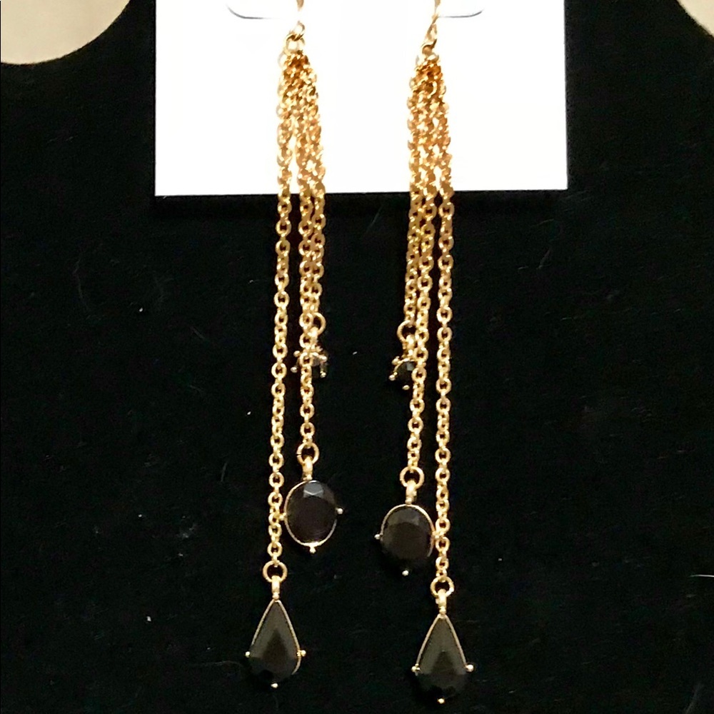 Black Rhinestone & Gold 4” Fringe Earrings